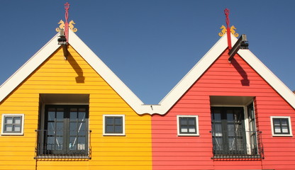 Fishing houses in the harbor of Zoutkamp.The Netherlands