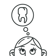 black and white line art cartoon illustration of a thought about a tooth