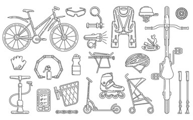 Bicycle theme vector design element set. Editable stroke illustration. Active lifestyle accessories isolated on the white background.