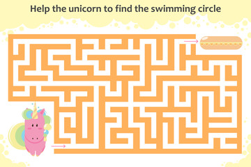 Vector maze game. Help the unicorn to find the swimming circle. Children educational game