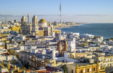 Cadiz skyline with the cathedral and Atlantic Ocean, Spain