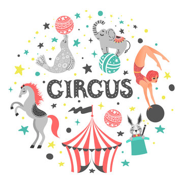 Vector illustration of circus animal. Cute cartoon characters. Isolated on white