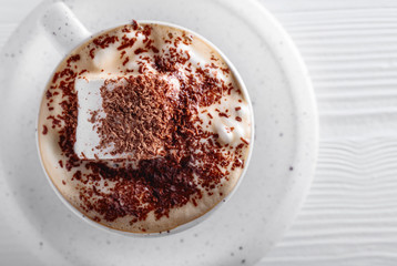 Hot chocolate and marshmallow sprinkled with chocolate chips.