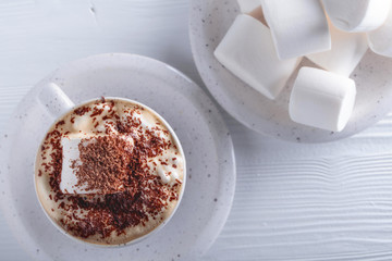 Hot chocolate and marshmallow sprinkled with chocolate chips.