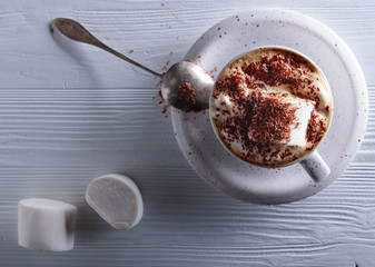 Hot chocolate and marshmallow sprinkled with chocolate chips.