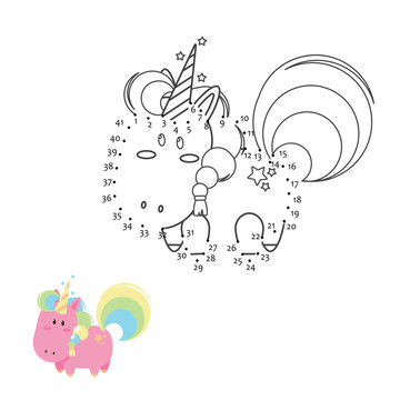 Educational game for kids: Dot to Dot. Connect the dots puzzle. Worksheet for class or at home with the kids. Draw Unicorn
