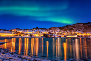 Northern lights, Aurora borealis in night sky over Gausvik, Lofoten Islands, Norway. Scenic winter...