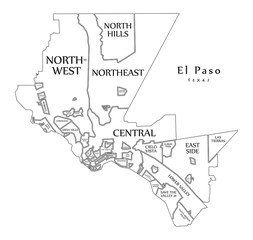 Modern City Map - El Paso Texas city of the USA with neighborhoods and titles outline map