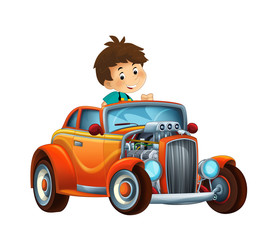 Fototapeta premium cartoon scene with child - boy in cool looking hod rod car on white background - illustration for children