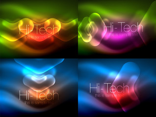 Set of abstract backgrounds. Blurred arrows in dark space. Neon pointers, glass glossy design, abstract techno background, web banner