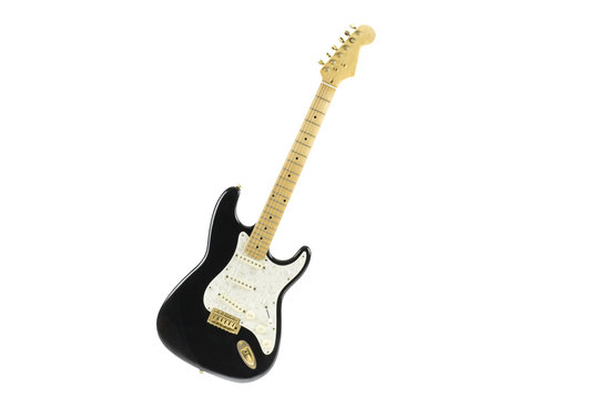 isolated electric black and white guitar / portrait of isolated electric guitar with nacre pickguard