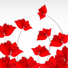 Bright paper-cut style red flowers field on white background. 3D vector, card, happy, spring, summer, love, flora, design, mother day, Valentine's, wedding, wallpaper, roses, poppies, tulips