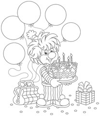 Friendly smiling circus clown in a colorful suit with a birthday cake, balloons and a gift, a black and white vector illustration in a cartoon style for a coloring book