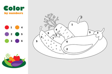 Different vegetables on plate in cartoon style, color by number, education paper game for the development of children, coloring page, kids preschool activity, printable worksheet, vector illustration - 197202505