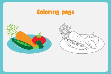 Vegetables on the plate in cartoon style, coloring page, education paper game for the development of children, kids preschool activity, printable worksheet, vector illustration - 197202508