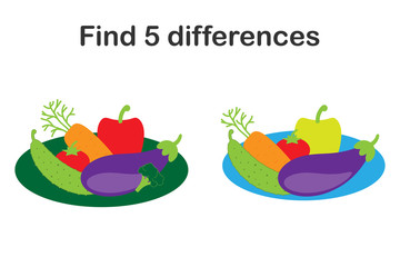 Find 5 differences, game for children, vegetables on plate in cartoon style, education game for kids, preschool worksheet activity, task for the development of logical thinking, vector illustration