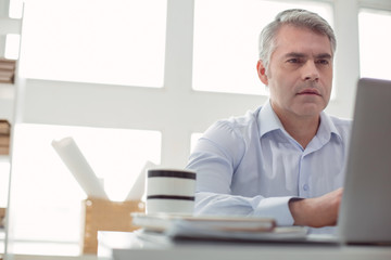 Business owner. Smart handsome adult man looking at the laptop screen and working on it while being at work