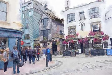 old street in Brighton, watercolor style