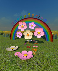Happy Spring colorful 3D illustration seasonal composition. Flowers, nature, rainbow, sky background. Collection.
