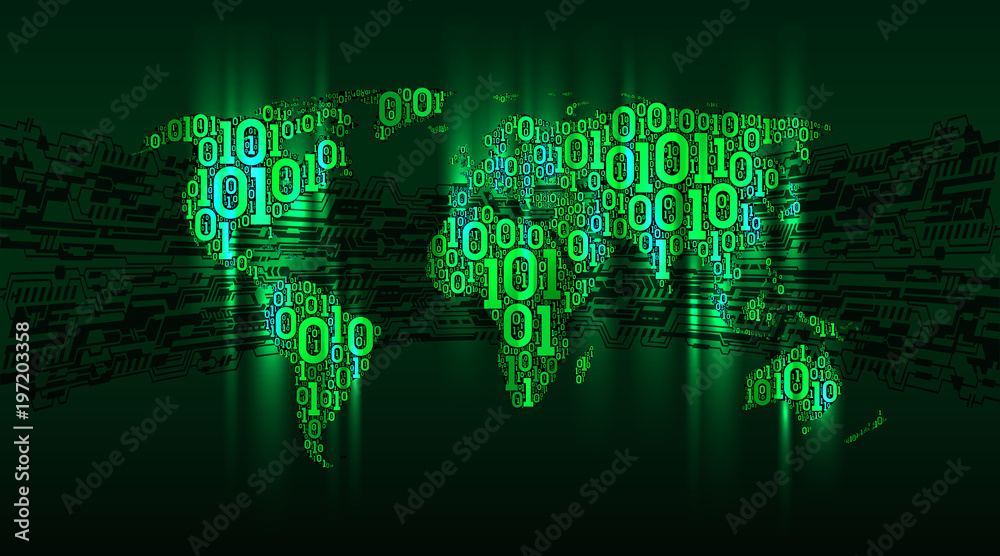 Poster Abstract map world with continents from digital binary code on the background abstract printed circuit board, concept of digital technology, Internet of things, big data, well-organized layers