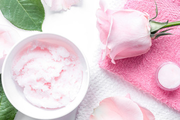 organic cosmetic with rose oil on white background top view