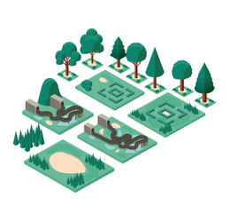 mini forest scene with road and tunnel isometric icons vector illustration design