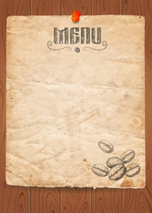 Menu of restaurant with hand drawn coffee beans on paper and Wood