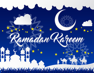 beautiful ramadan kareem background with paper art style on blue background