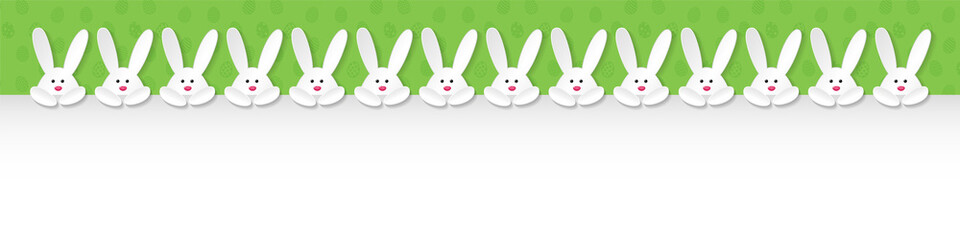 Easter decoration with white 3d bunnies and copyspace - panoramic banner. Vector.