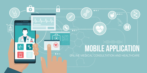 Healthcare app on a smartphone - obrazy, fototapety, plakaty