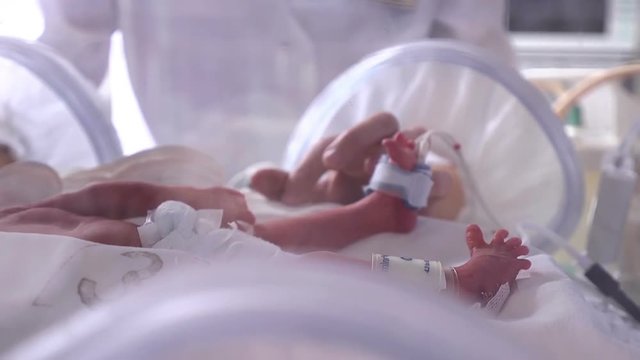 Maternity centre. .Severely ill newborn in incubator, intensive hospital therapy: CCU, ICU, ITU. The tiny baby child moves his fingers, foot and leg vigorously., Closeup