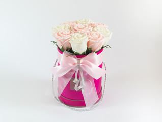 flower box with paper roses on white background