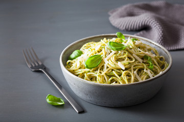 spaghetti pasta with avocado basil pesto sauce