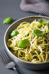 spaghetti pasta with avocado basil pesto sauce