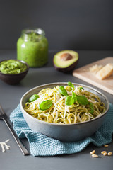 spaghetti pasta with avocado basil pesto sauce