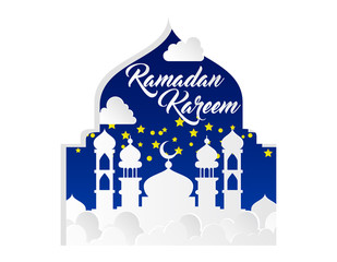 Naklejka premium beautiful ramadan kareem background with paper art style on blue background