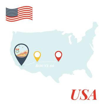 USA Map With Route 66 Pin Travel Concept