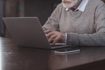 cropped image of grey hair man using laptop at home