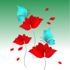 Spring Paper-cut style card on green background. Red flowers, blue butterflies. 3D vector, day, happy, love, flora, design, wallpaper, pattern, tulip, rose, poppy, background, bright, bouquet, field