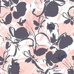 Seamless vector pattern with layered soft flowers in grey and pink with a white background.