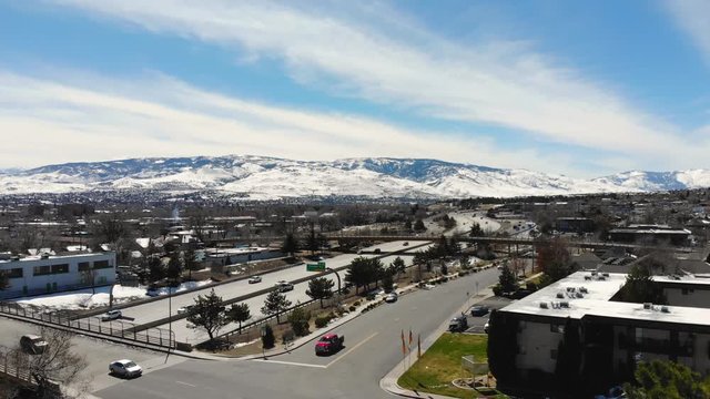 Aerial view of traffic patterns over Reno on a cloudy winter day