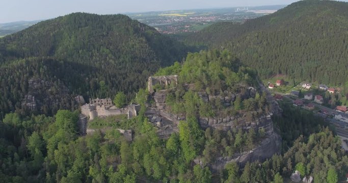 Oybin Zittauer Gebirge - Drone moving around over beautiful Landscape - Germany Saxony 4k