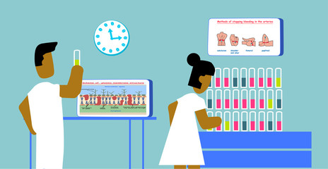 laboratory people man and woman research test of blood DNA vs RNA education infi graphic vector illustration.