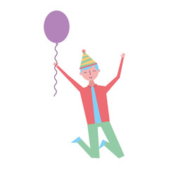 jumping young man party hat and balloon celebration vector illustration