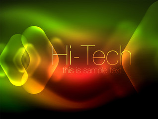 Blurred arrows in dark space. Neon pointers, glass glossy design, abstract shiny techno background, web banner