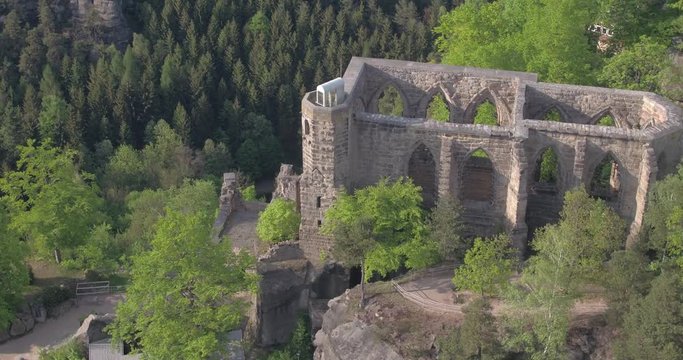 Oybin Zittauer Gebirge - Drone moving around over beautiful Landscape - Germany Saxony 4k