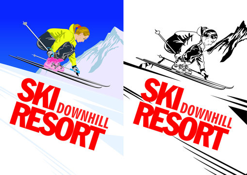 Poster with sport girl skier. Vector illustration.