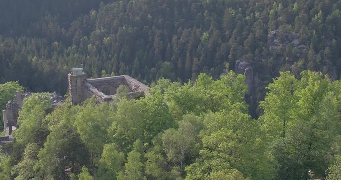 Oybin Zittauer Gebirge - Drone moving around over beautiful Landscape - Germany Saxony 4k