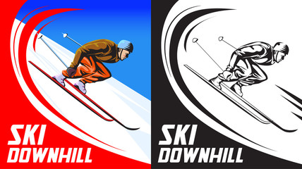 Ski resort poster with cartoon style male character. Vector illustration.
