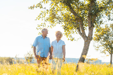 Senioren Paar erfreut sich am Sommer und umarmt sich